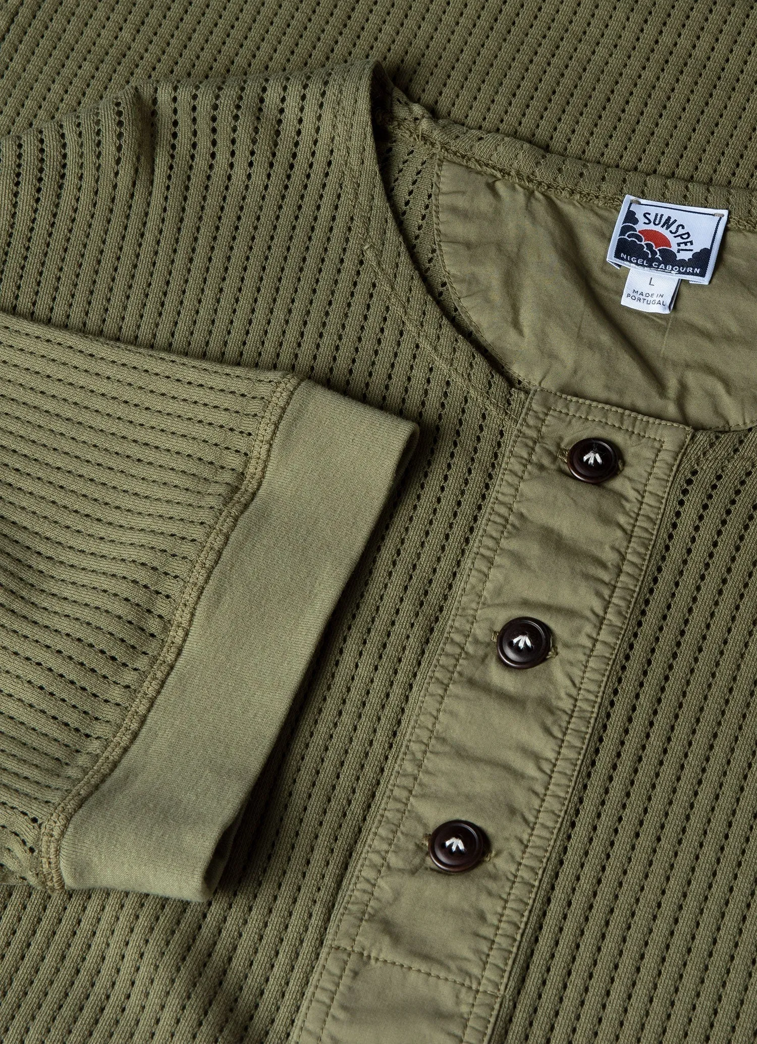 Men's Sunspel x Nigel Cabourn Mesh Henley in Army Green