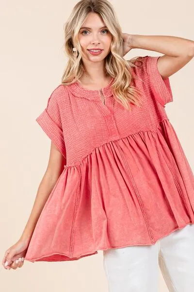 Mittoshop Mixed Media Mineral Wash Babydoll Short Sleeve Blouse