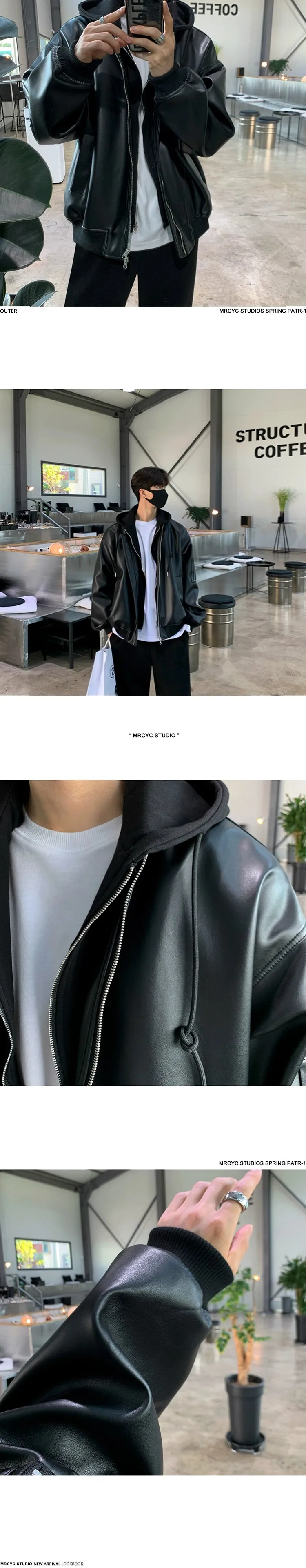 Mrcyc False Two-Piece Patchwork Hooded Korean Style Leather Coat