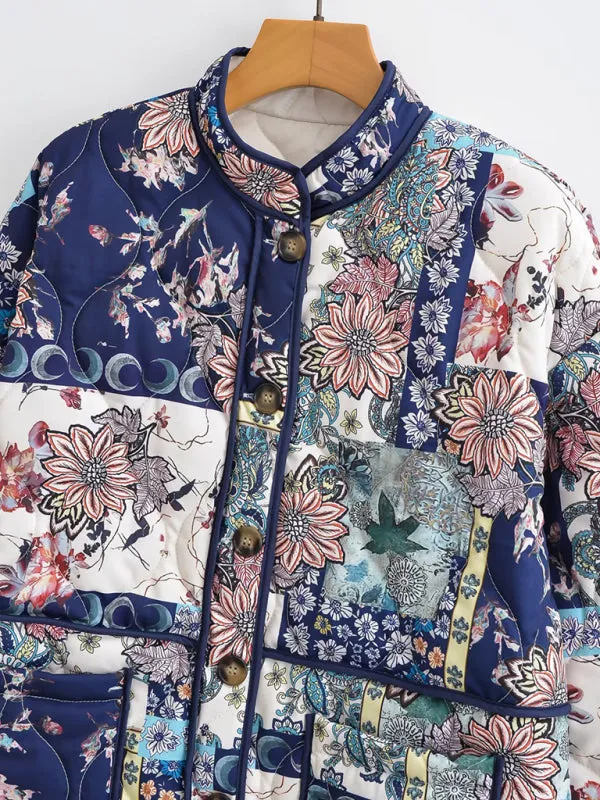 Nature-Inspired Print High Neck Quilted Jacket Perfect for Fall