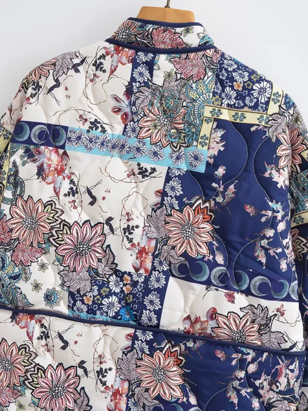 Nature-Inspired Print High Neck Quilted Jacket Perfect for Fall