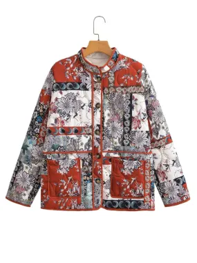 Nature-Inspired Print High Neck Quilted Jacket Perfect for Fall