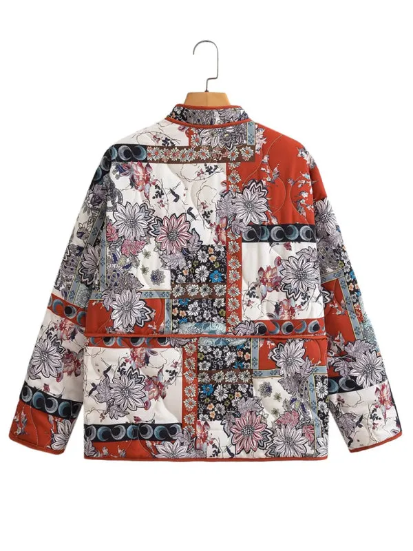 Nature-Inspired Print High Neck Quilted Jacket Perfect for Fall