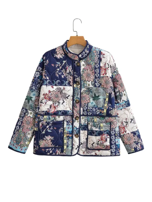 Nature-Inspired Print High Neck Quilted Jacket Perfect for Fall