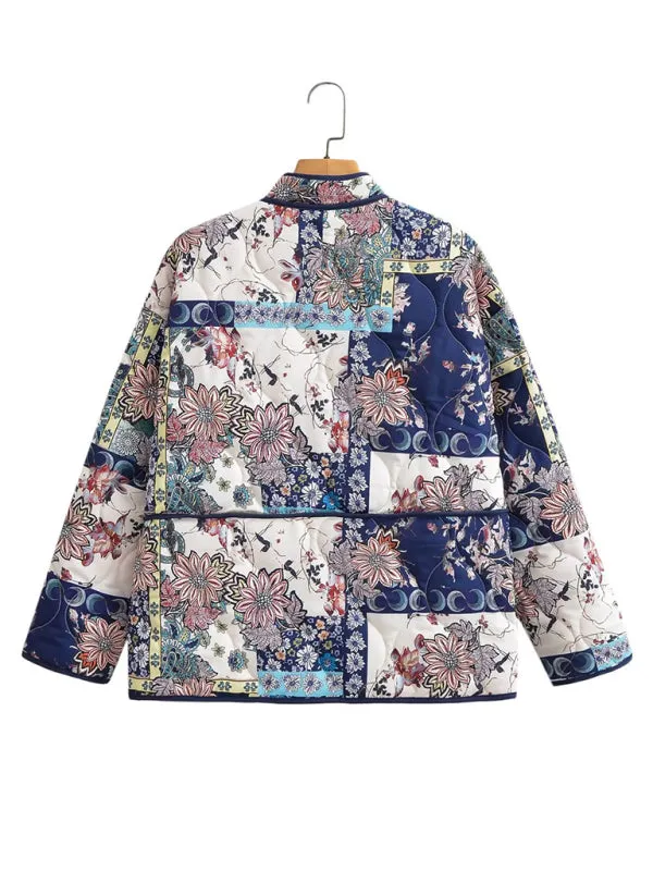 Nature-Inspired Print High Neck Quilted Jacket Perfect for Fall