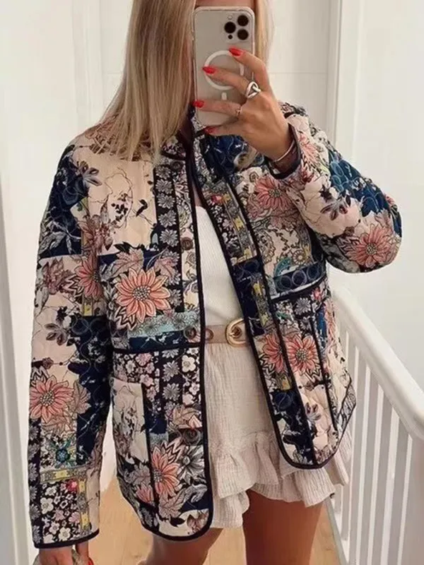 Nature-Inspired Print High Neck Quilted Jacket Perfect for Fall