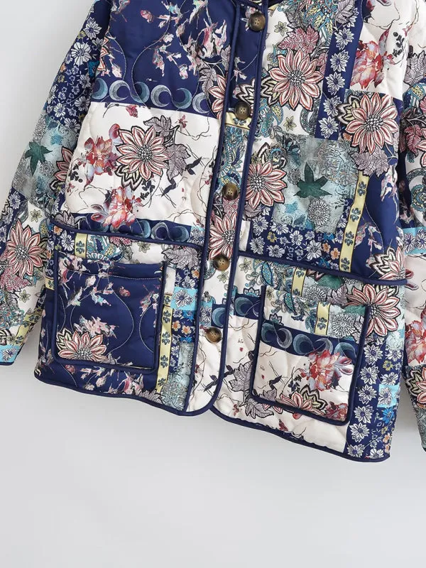 Nature-Inspired Print High Neck Quilted Jacket Perfect for Fall