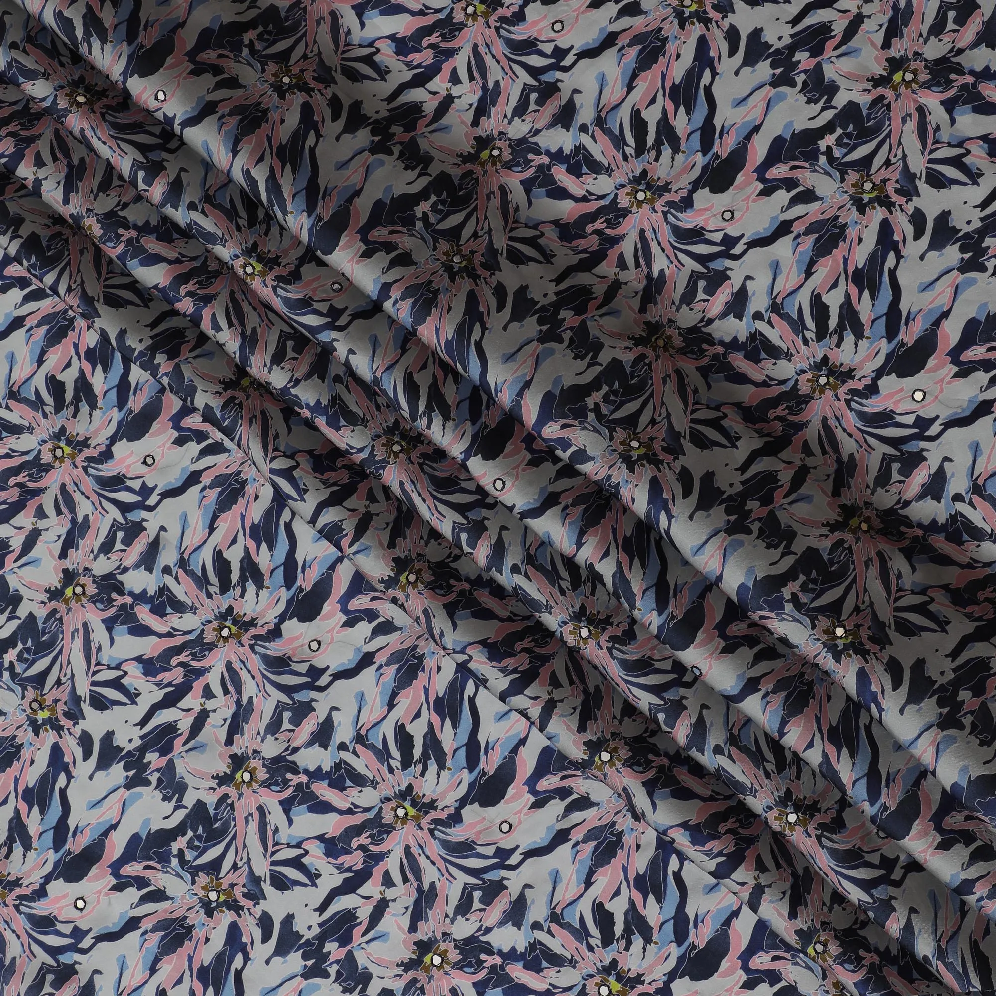 Navy Blue & Pink Floral Viscose Modal Satin Fabric with Mirror Work - 110 cm Width-D20266