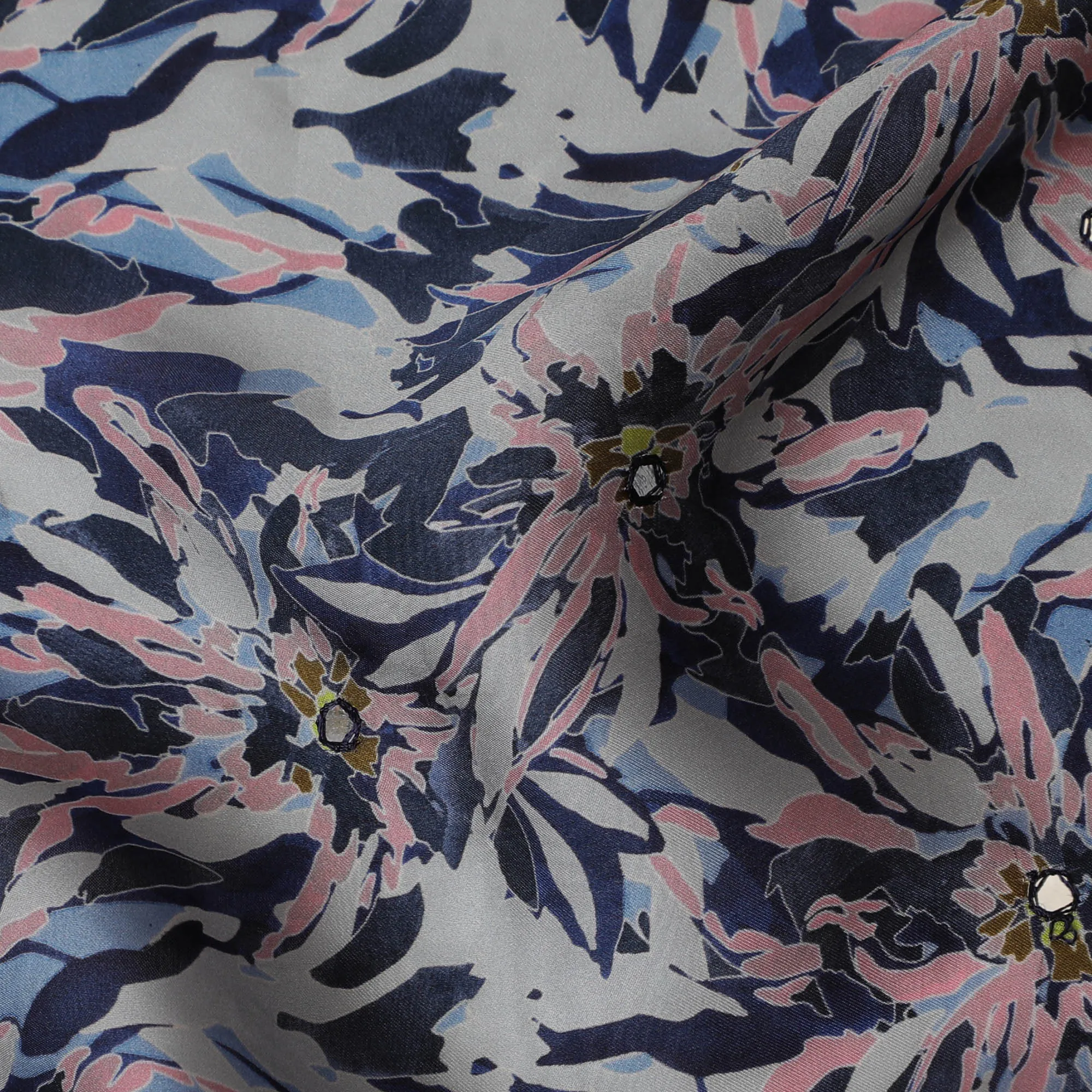 Navy Blue & Pink Floral Viscose Modal Satin Fabric with Mirror Work - 110 cm Width-D20266