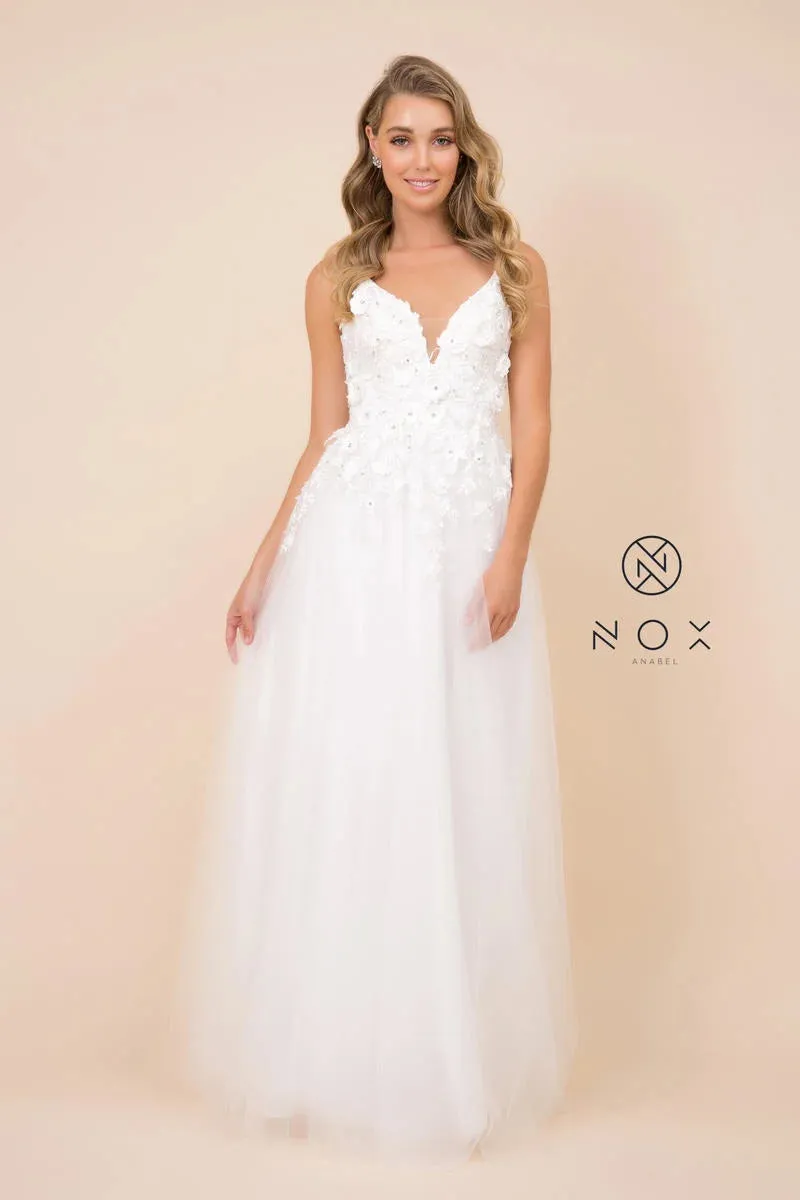 Nox Anabel R346 Size 10 A Line 3D Floral Lace Wedding Dress V Neck Bridal Gown