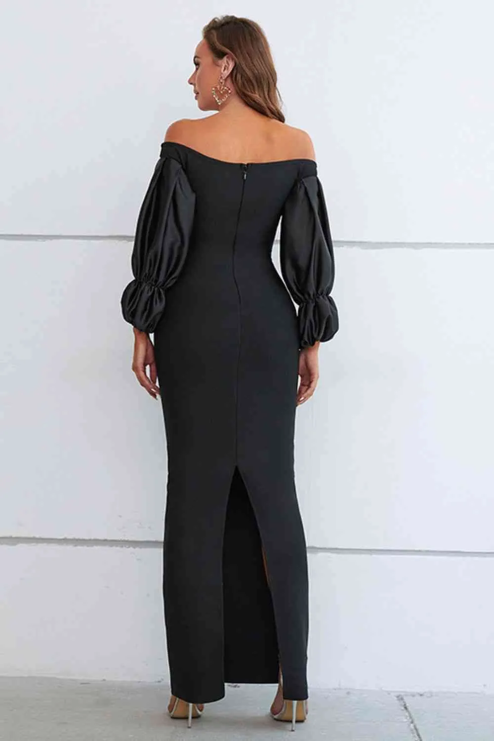 Off-Shoulder Bubble Sleeve Slit Dress