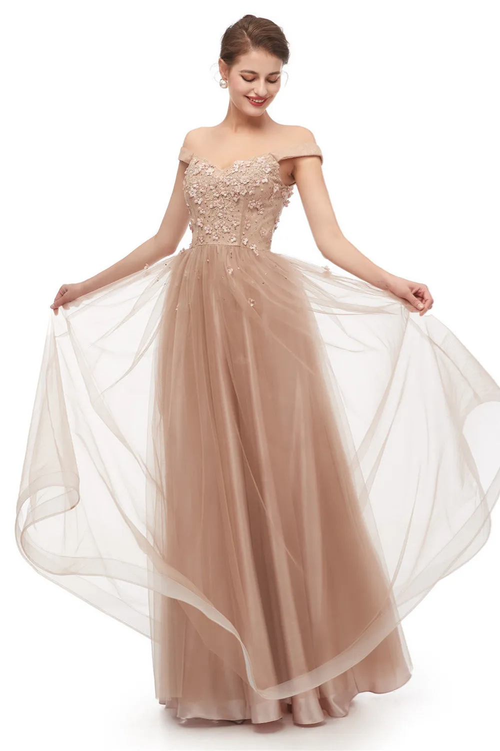 Off-Shoulder Pearls Applique A-Line Tulle Prom Dresses