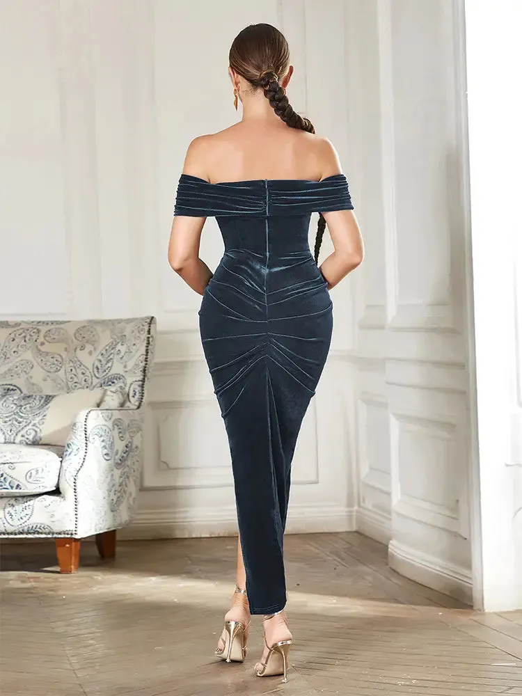 Off-Shoulder Ruched Slit Dress