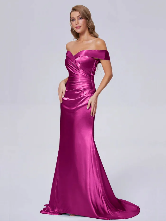 Off the Shoulder Hourglass Soft Satin Bridesmaid Dresses Sweep/Brush Train Dresses