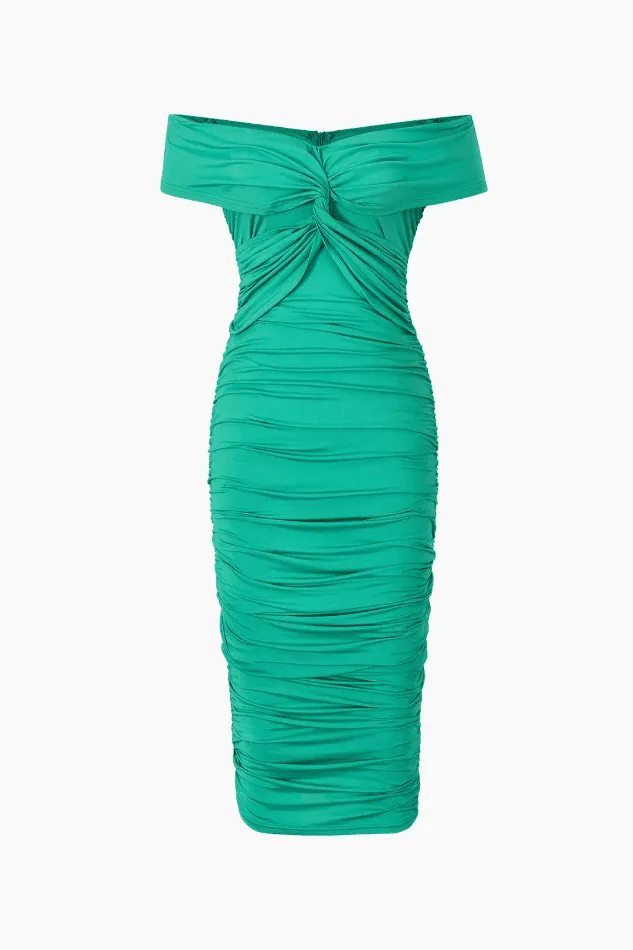 Off The Shoulder Ruched Midi Dress