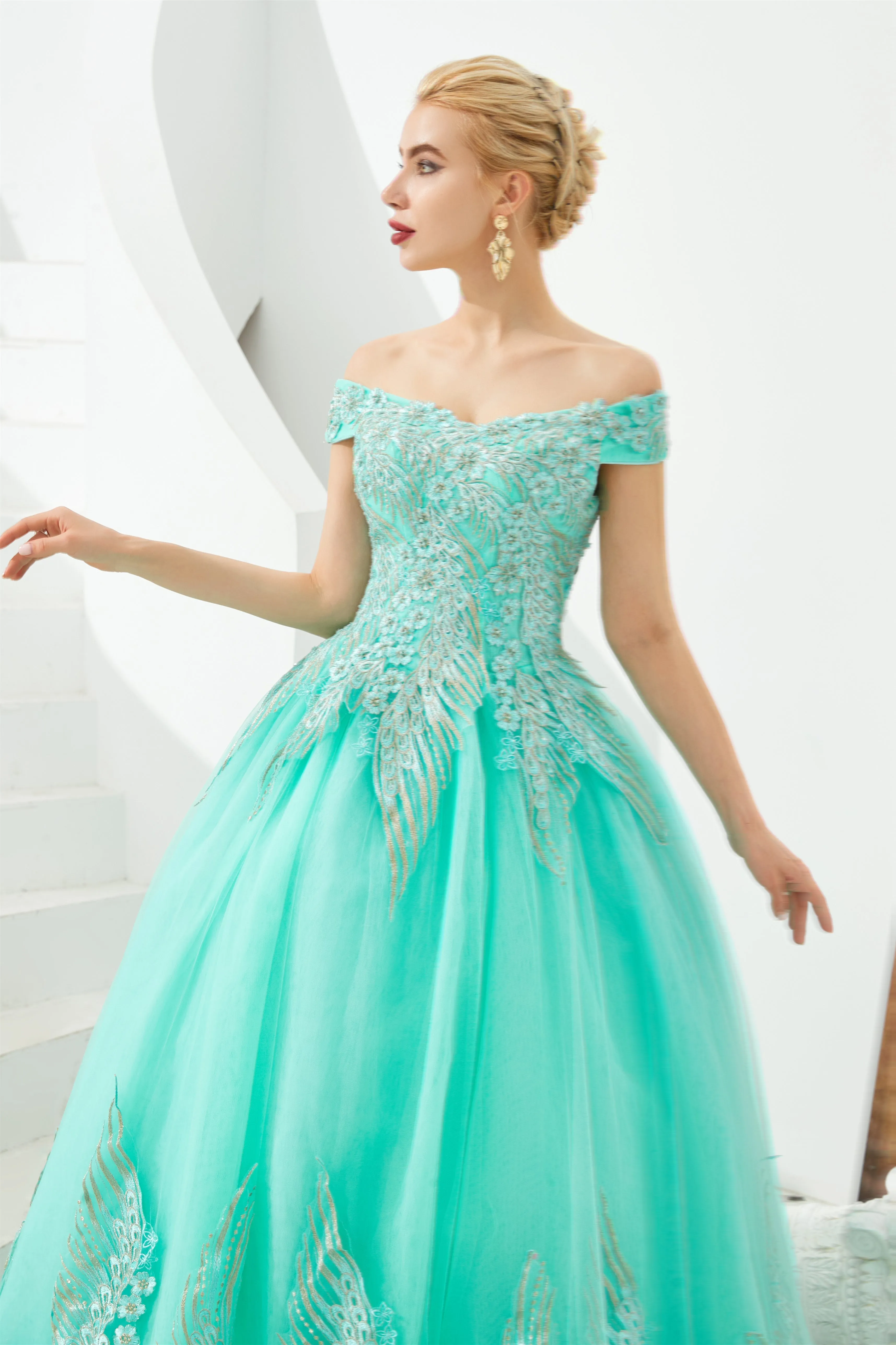 Off the Shoulder Sweetheart Applique A-line Floor Length Prom Dresses