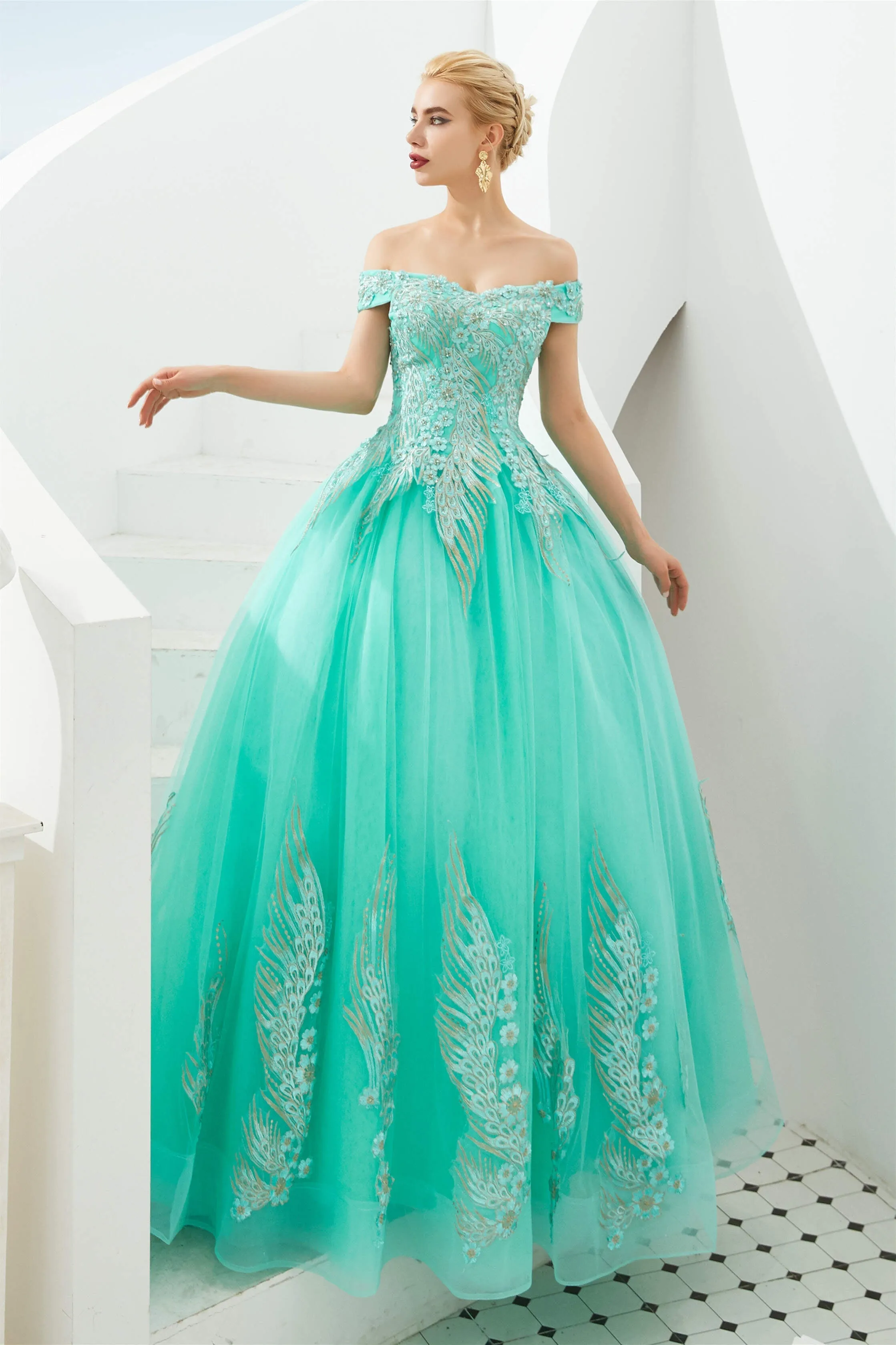 Off the Shoulder Sweetheart Applique A-line Floor Length Prom Dresses