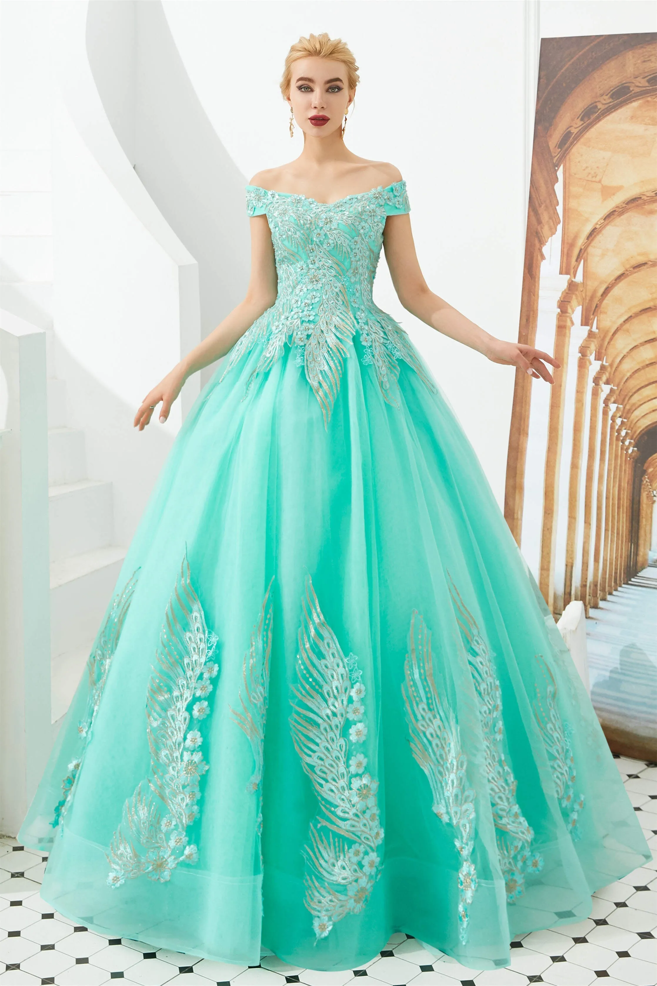 Off the Shoulder Sweetheart Applique A-line Floor Length Prom Dresses