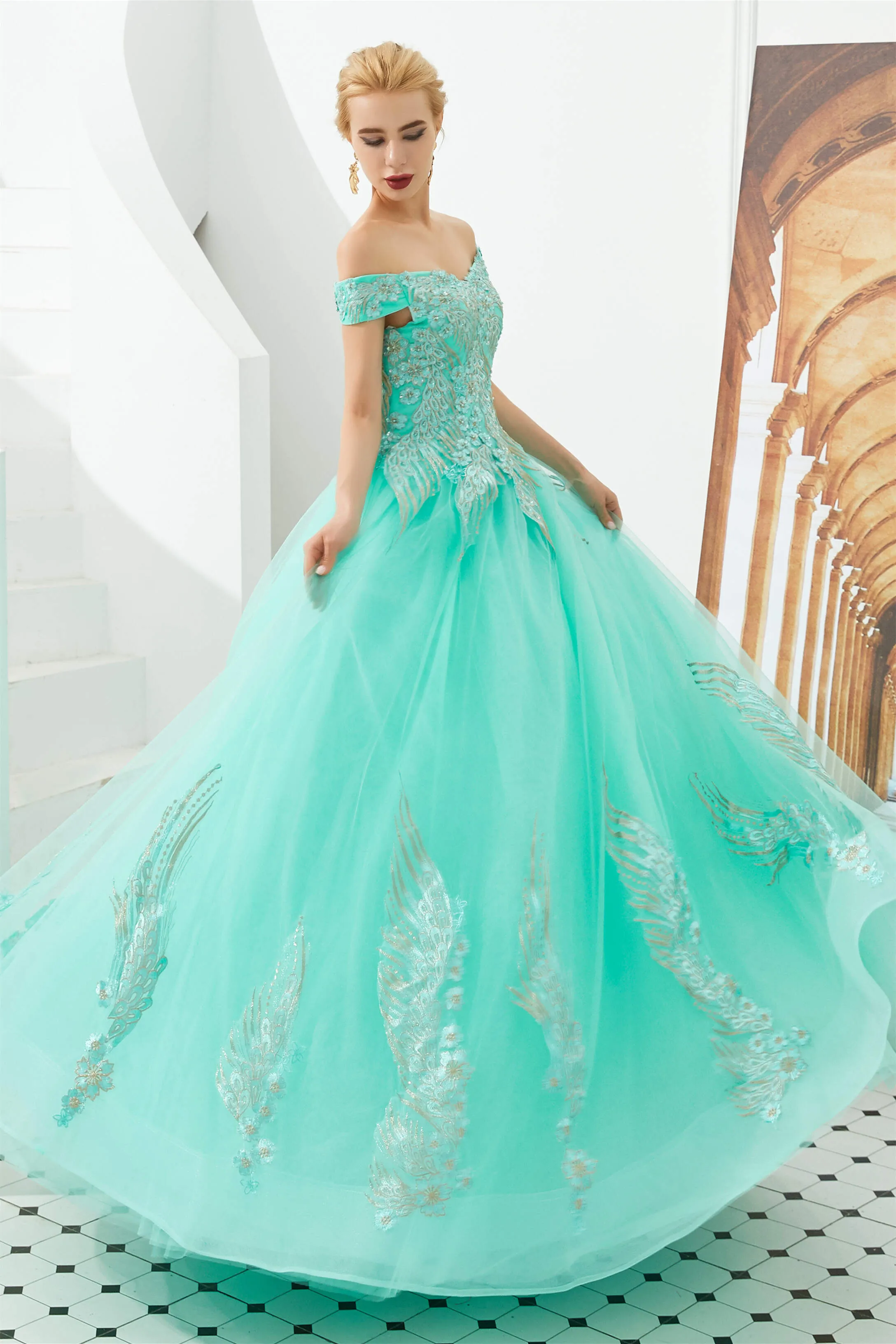 Off the Shoulder Sweetheart Applique A-line Floor Length Prom Dresses