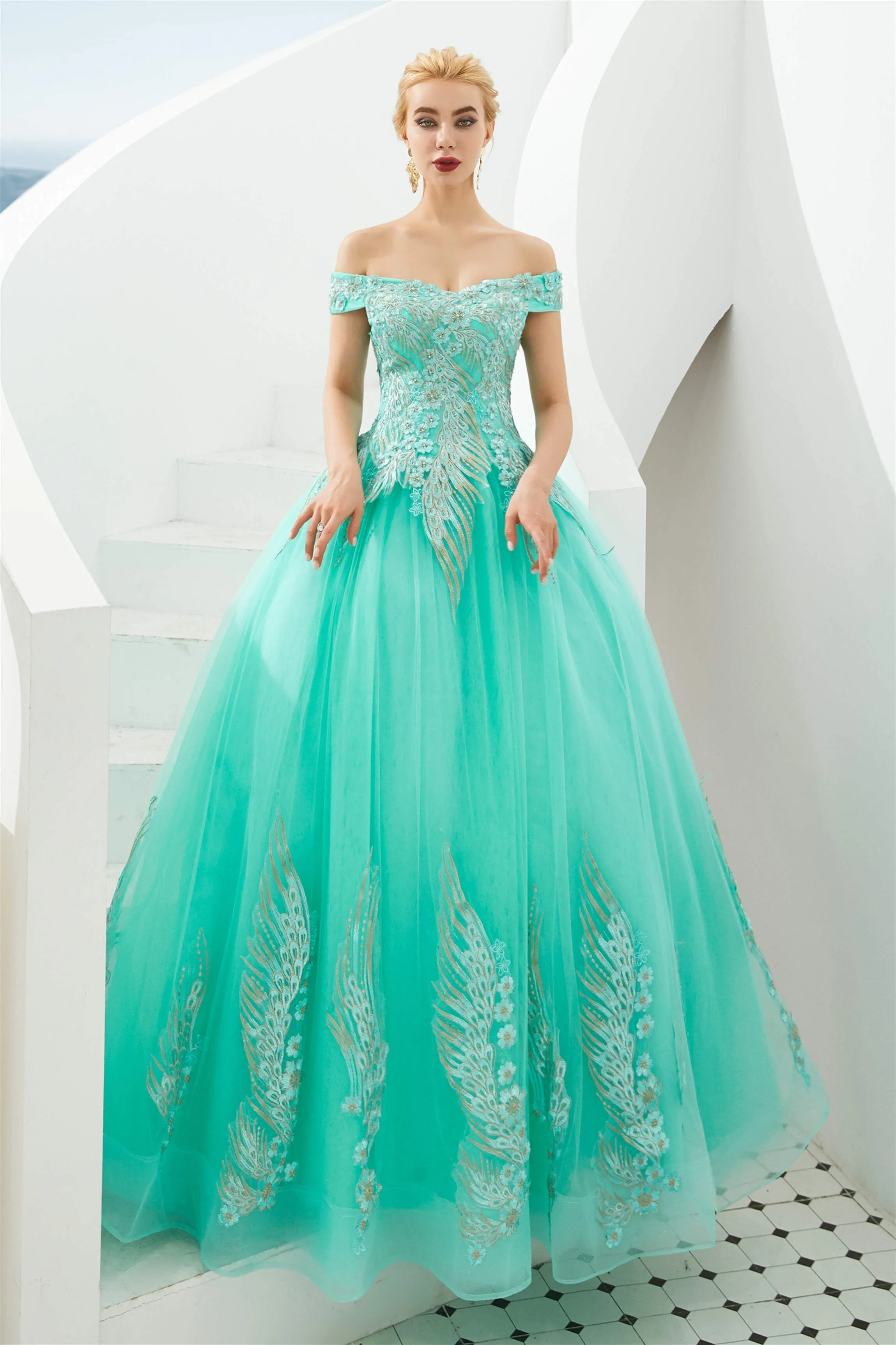 Off the Shoulder Sweetheart Applique A-line Floor Length Prom Dresses