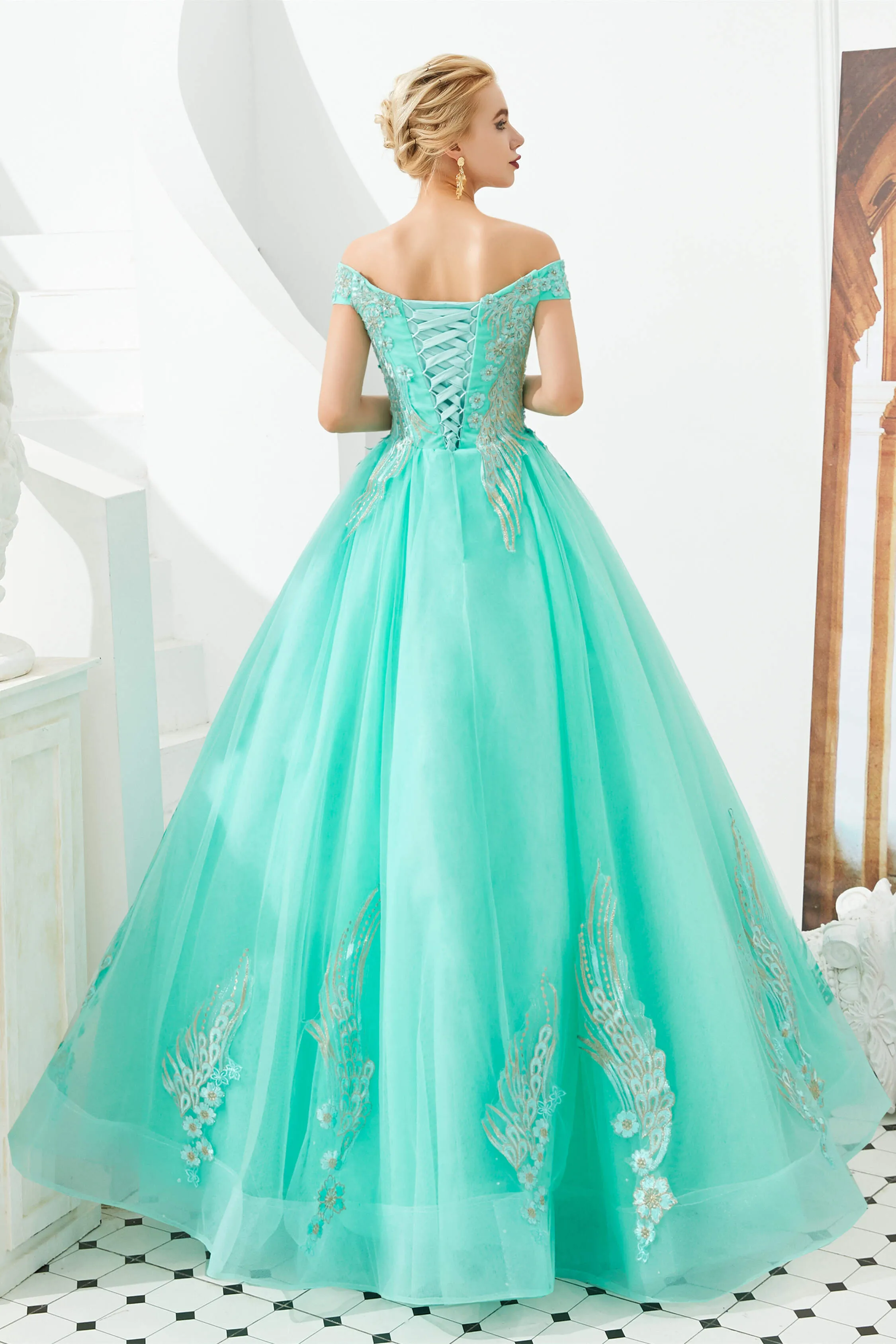 Off the Shoulder Sweetheart Applique A-line Floor Length Prom Dresses