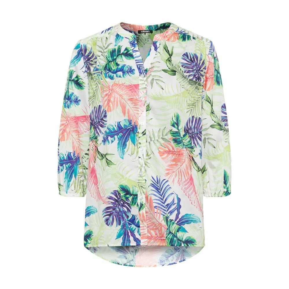 Olsen Cotton Leaf Print Woven Blouse Lime