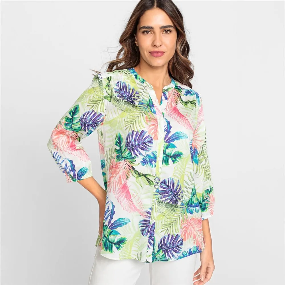 Olsen Cotton Leaf Print Woven Blouse Lime