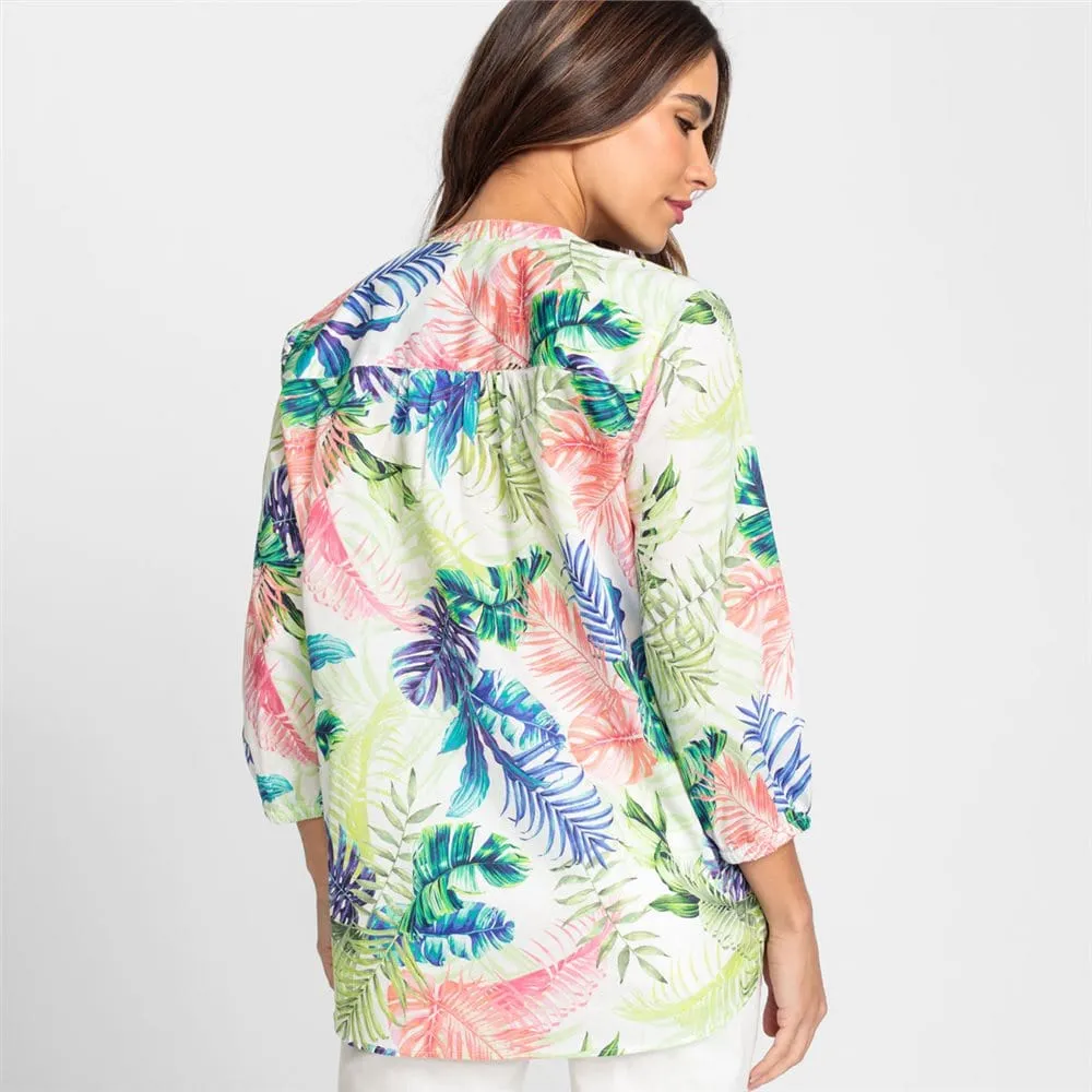 Olsen Cotton Leaf Print Woven Blouse Lime