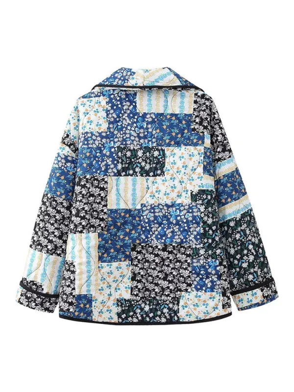 Oversized Shawl Lapel Open Front Quilted Jacket with Floral Print and Contrast Binding