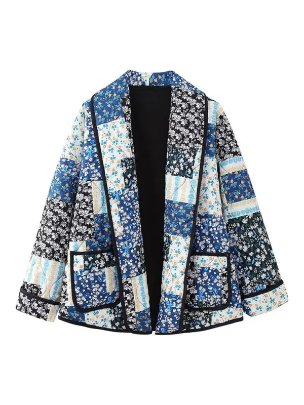 Oversized Shawl Lapel Open Front Quilted Jacket with Floral Print and Contrast Binding