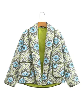 Oversized Shawl Lapel Open Front Quilted Jacket with Floral Print and Contrast Binding