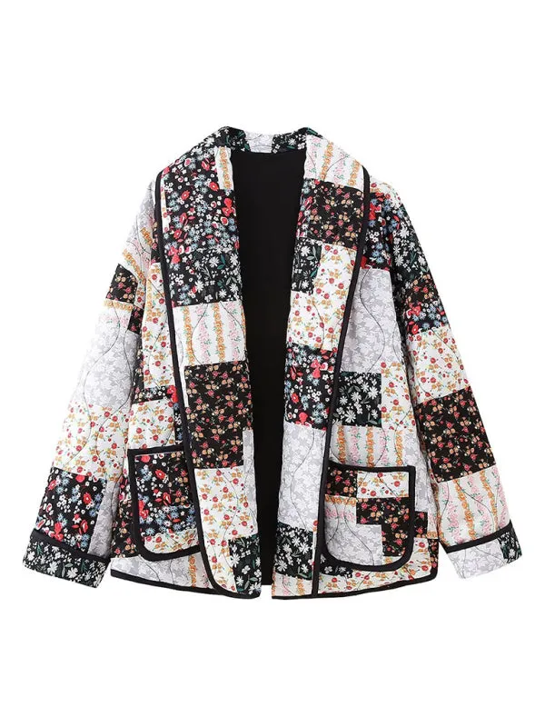 Oversized Shawl Lapel Open Front Quilted Jacket with Floral Print and Contrast Binding