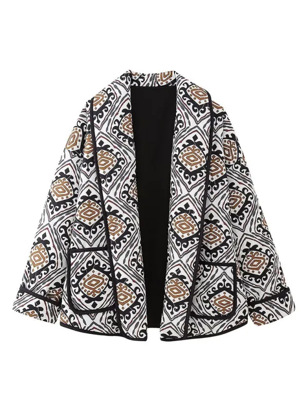 Oversized Shawl Lapel Open Front Quilted Jacket with Floral Print and Contrast Binding