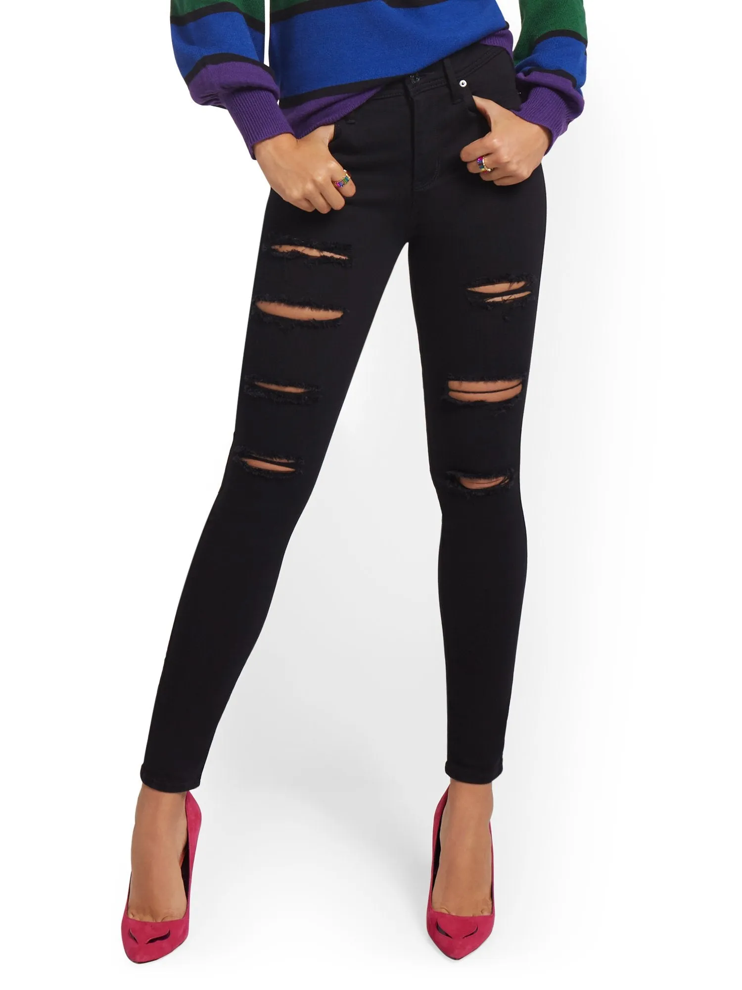 Petite Lexi High-Waisted Super-Skinny Destroyed Jeans - Black