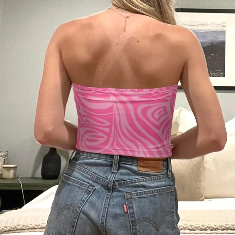 Pink Animal Printed Feather Strapless Top