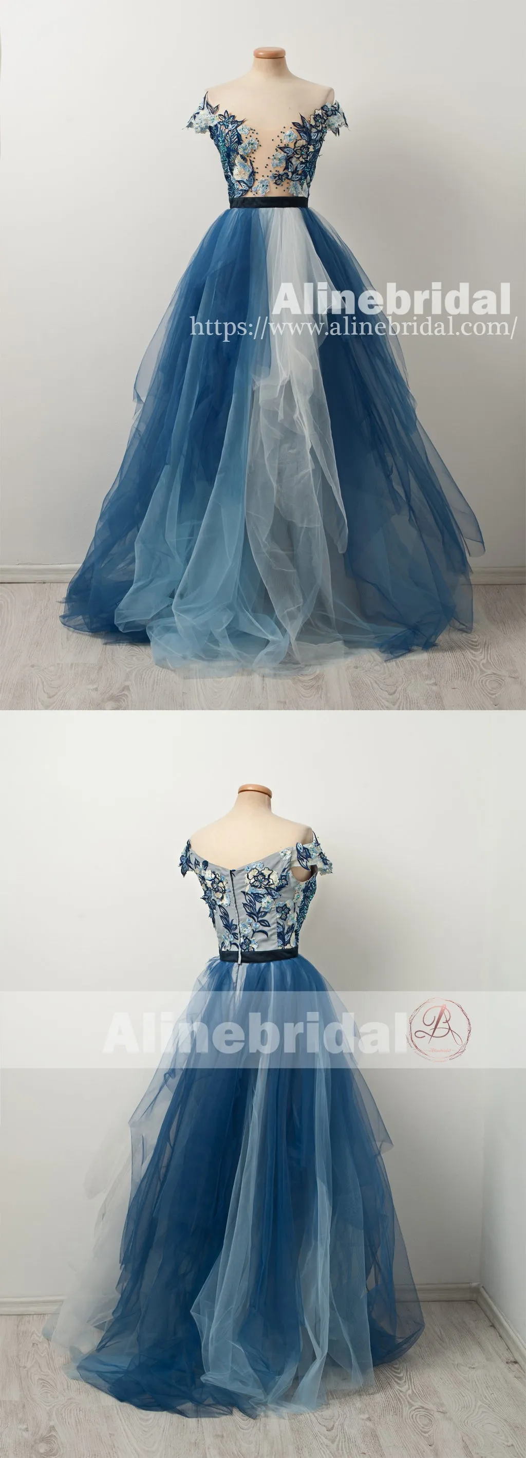 Popular Off Shoulder Appliques Gradient Blue Ball Gown Prom Dresses  ,PD00106