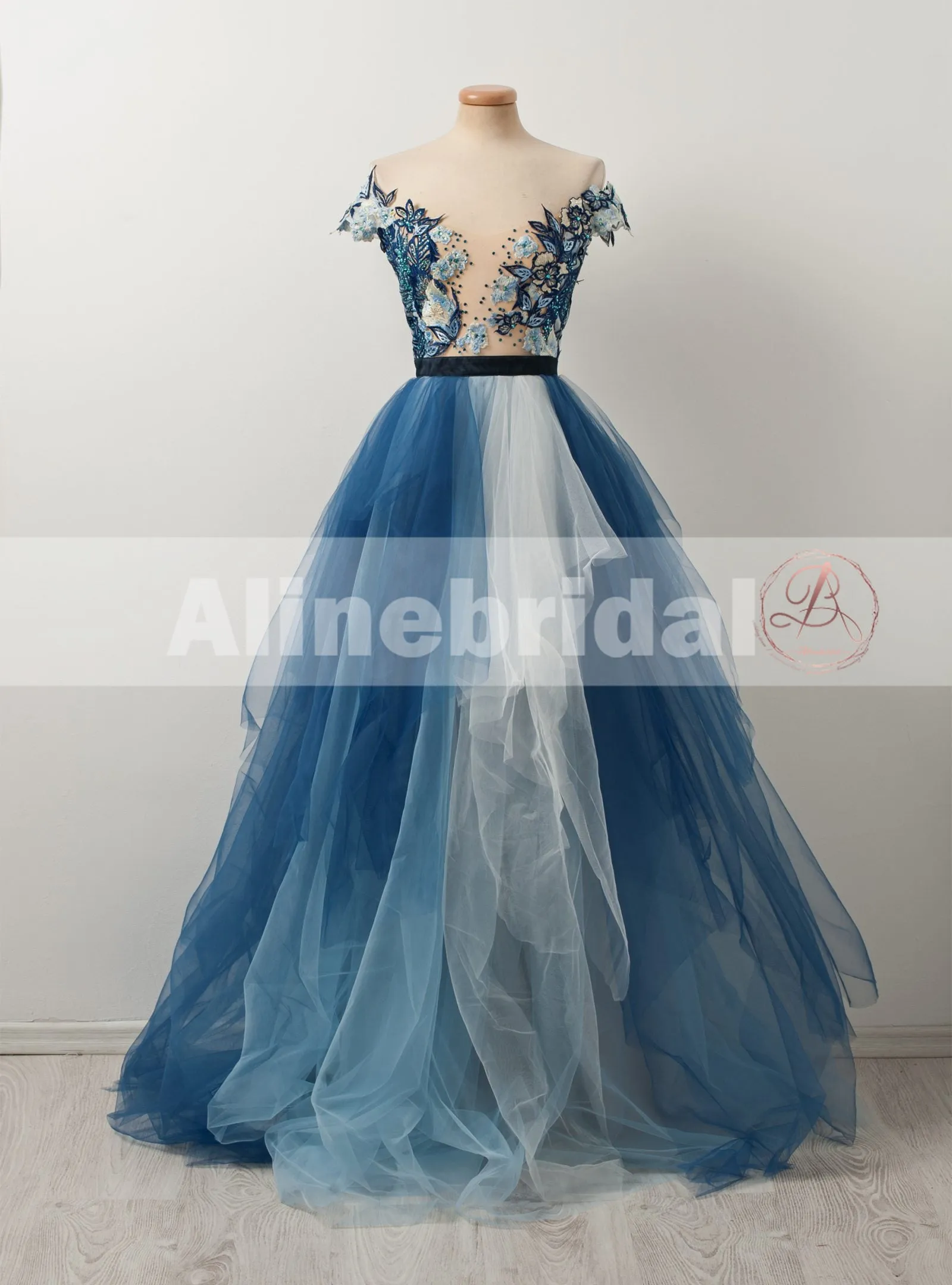 Popular Off Shoulder Appliques Gradient Blue Ball Gown Prom Dresses  ,PD00106