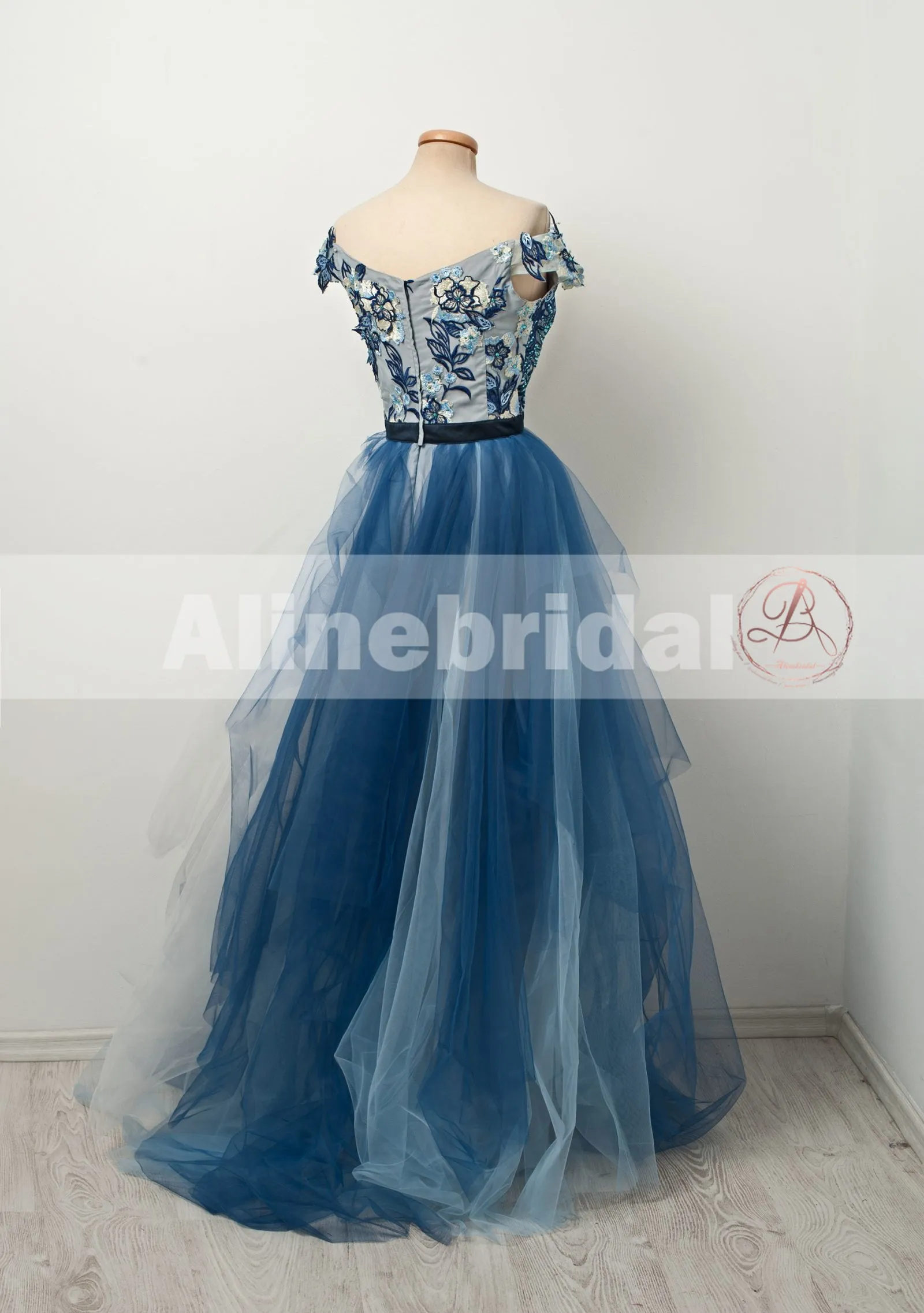 Popular Off Shoulder Appliques Gradient Blue Ball Gown Prom Dresses  ,PD00106