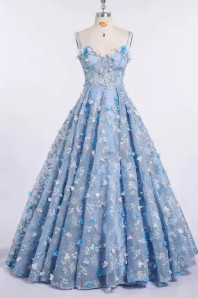 Princess Spaghetti Strap 3D Flower Applique Sky Blue Prom Dress Ball Gowns OKH90