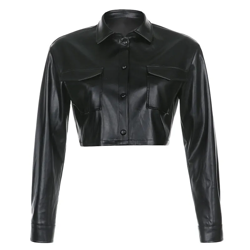 PU Leather Streetwear Button Down Crop Top Jackets