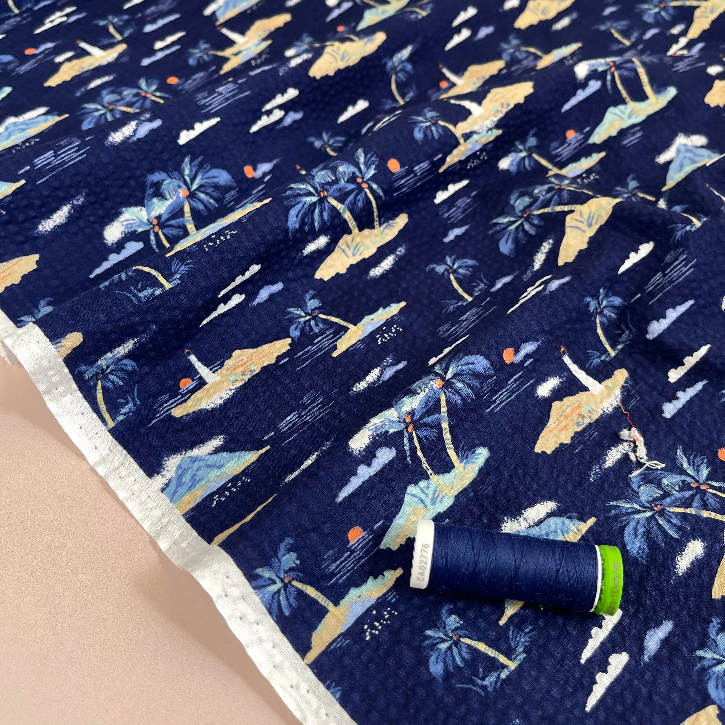 REMNANT 1.23 Metres - Holiday Islands on Navy Cotton Seersucker Fabric