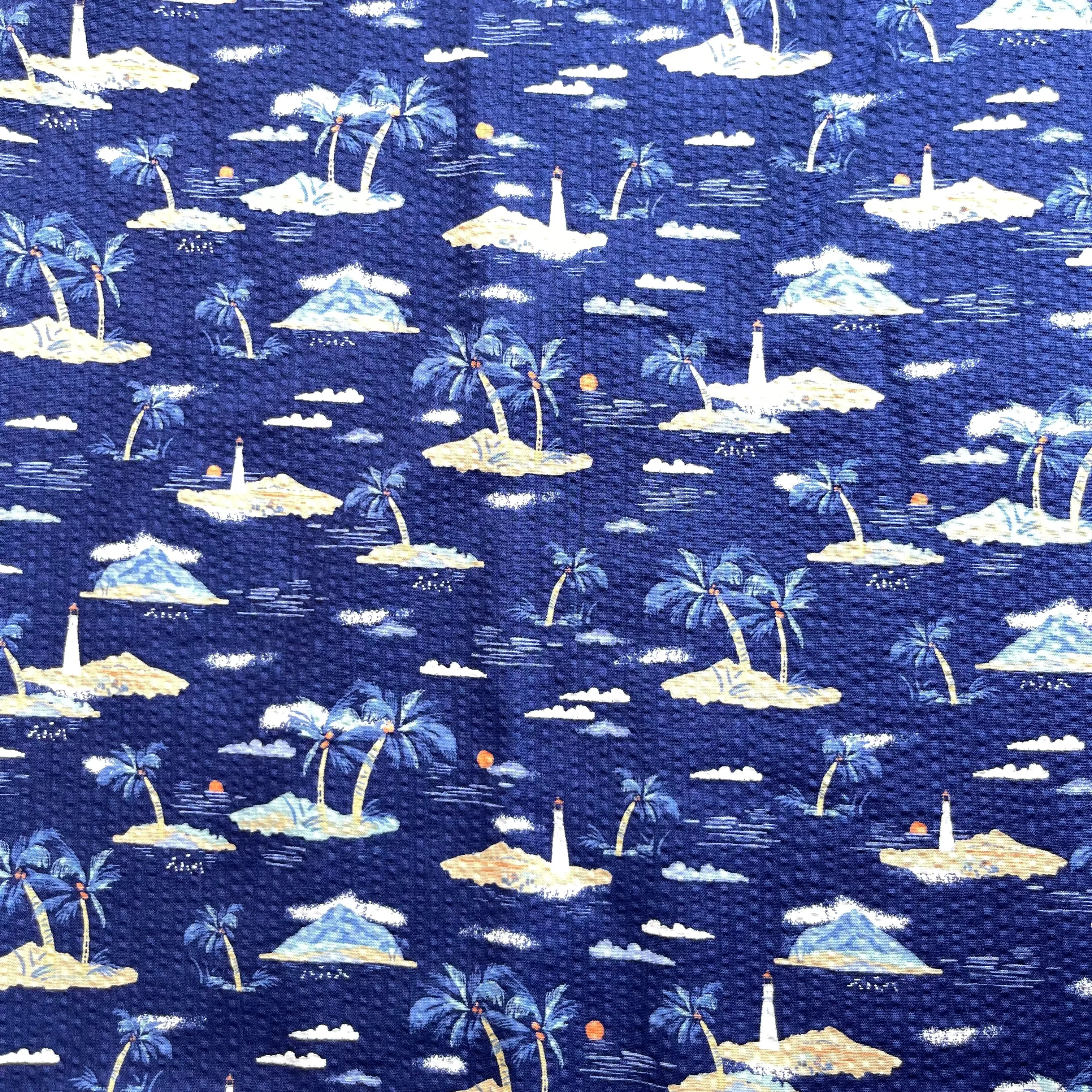 REMNANT 1.23 Metres - Holiday Islands on Navy Cotton Seersucker Fabric