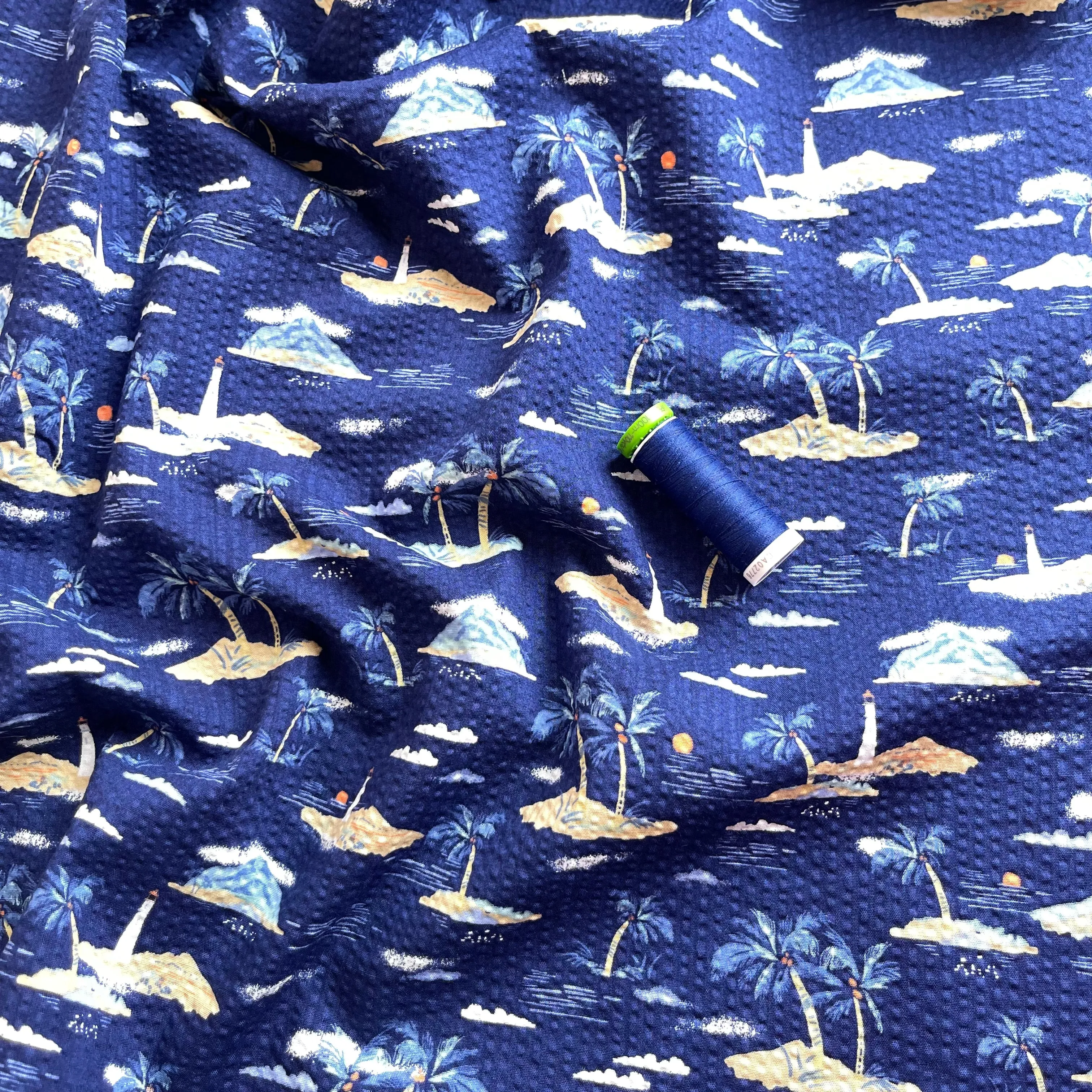 REMNANT 1.23 Metres - Holiday Islands on Navy Cotton Seersucker Fabric