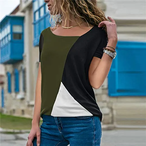 Sarin Mathews Womens Shirts Casual Tee Shirts Short Sleeve Patchwork Color Block Loose Fits Tunic Tops Blouses Black ArmyGreen 2XL