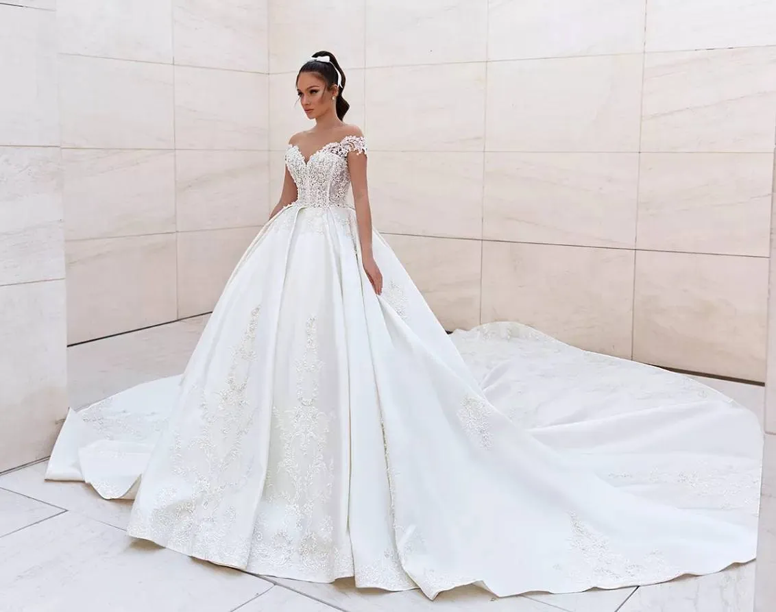 Satin A-line Wedding Gown Long Train Wedding Gown