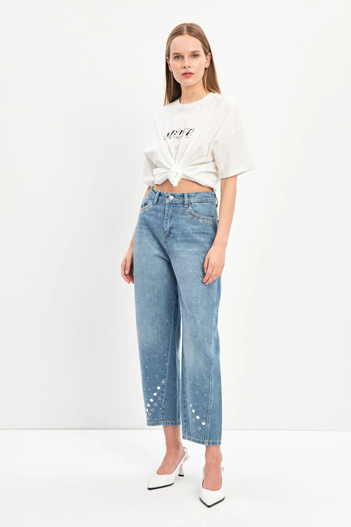 Setre High Waist Stone Detailed Jeans Blue