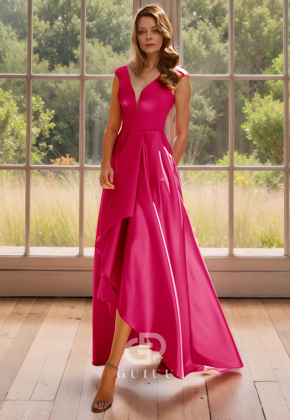 Sexy V-Neck A-Line Ruched Mother of Bride Dress Ruffled Evening Dress