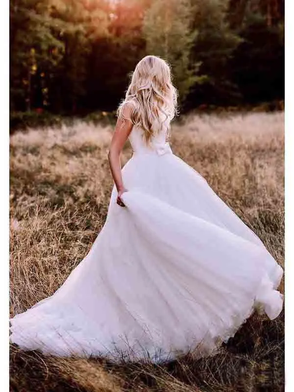 Simple Modest Wedding Gowns With Bownot Cheap Tulle Backless Wedding Dresses OKF79