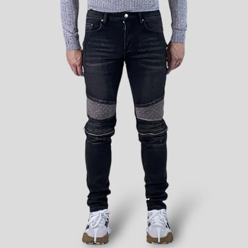 Skinny fit motorcycle stretch denim with pleated knee details