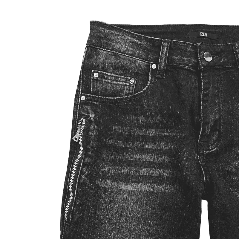 Skinny fit motorcycle stretch denim with pleated knee details